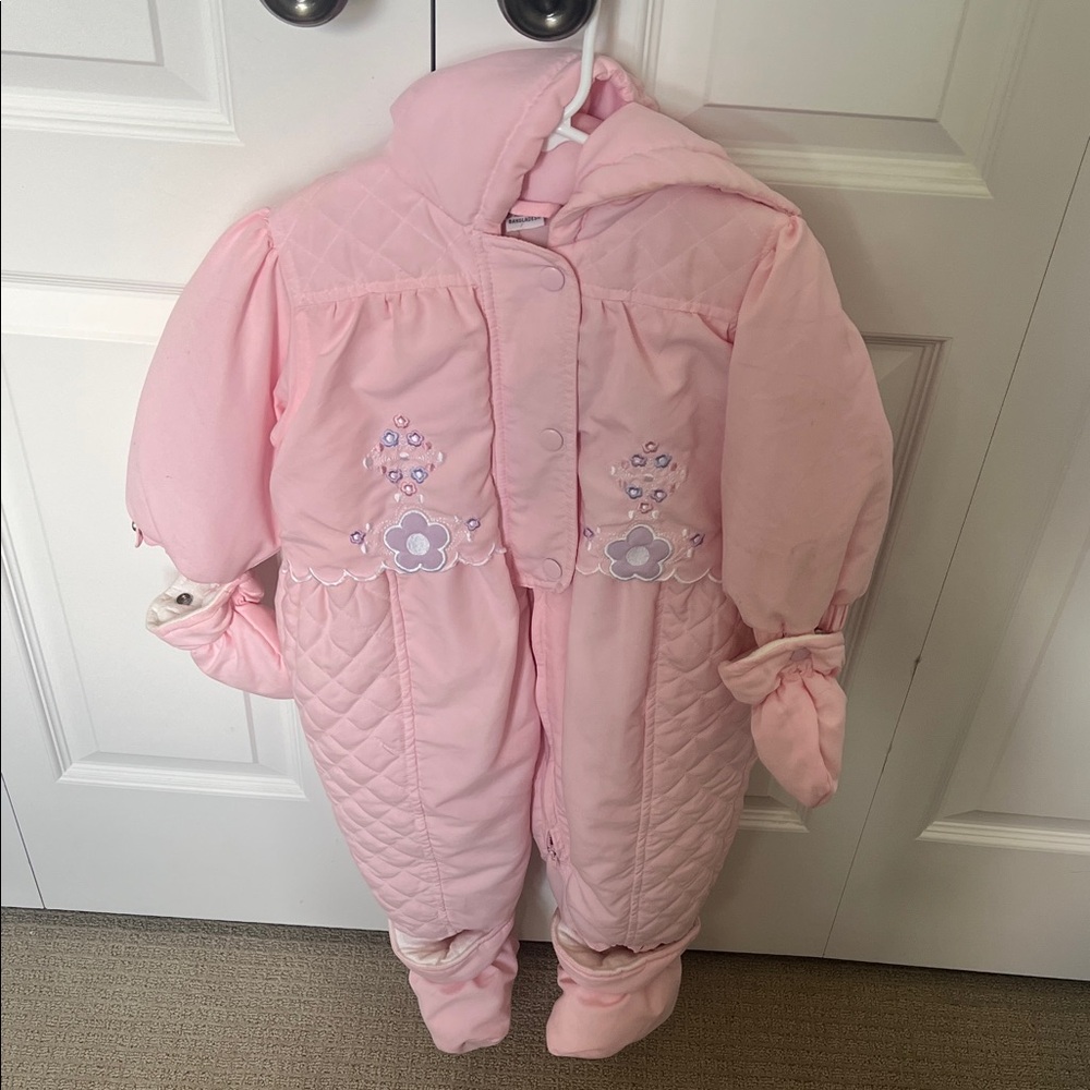 Pink Quilted Baby Snowsuit with Floral Embroidery